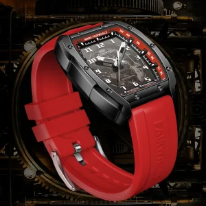 Men Rectangle Automatic Mechanical Watch Curved Mineral Glass Waterproof Luminous Skeleton Sport Rubber Watch