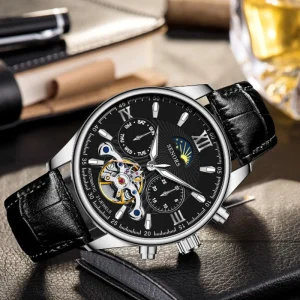 Men Shanghai Movement Automatic Tourbillon Analog Watch Sapphire Crystal Dial Genuine Leather Strap Water Resistant