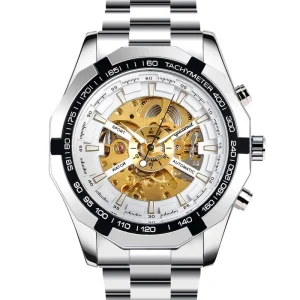 Men Silver Mechanical Stainless Steel Skeleton Waterproof Automatic Self-Winding Watch, Roman Numerals Diamond Dial