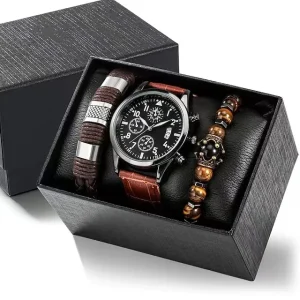 Men Simple Fashion Casual Leather Band Quartz Watch Bracelet + Bracelet Gift Watch Set Smartwatch