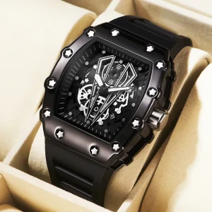 Men Skeleton Tonneau Dial Sport Watch Fashion Style Silicone Strap Waterproof Quartz Watch 6144