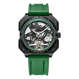 Men Square Mechanical Watch Stainless Steel Case Silicone Strap Waterproof Skeleton Wristwatch