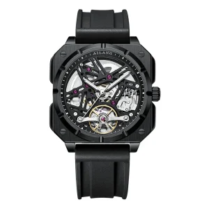 Men Square Skeleton Mechanical Watch Stainless Steel Case Silicone Strap Waterproof Custom Logo Wristwatch