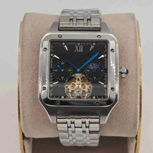 Men Stainless Steel Skeleton Flywheel Wristwatch Mechanical Movement Square Case Sun Moon Replace Pointer Dial Display