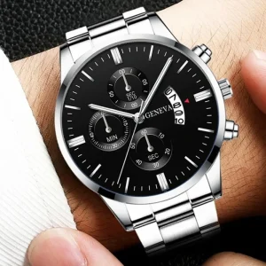 Men Stainless Steel Watch, Luxury Calendar Quartz Wrist Watch, Fashion Business Watch