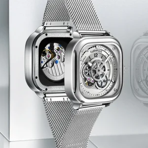 Men Textured Luxury Automatic Mechanical Watch Metal Strap Waterproof Luminous Sport Wristwatch