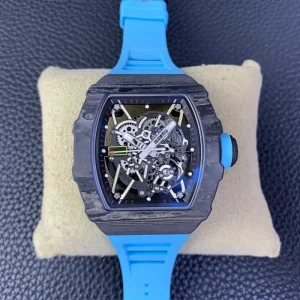 Men Tonneau Mechanical Watch Carbon Fiber Blue Dial Rubber Strap Waterproof Business Power Reserve