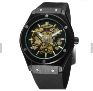 Men Vintage Rubber Belt Self-winding Full Automatic Mechanical Skeleton Wrist Watch 389