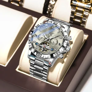 Men Watch Automatic Date Week Wristwatch Hollow Tourbillon Stainless Steel Mechanical Watch