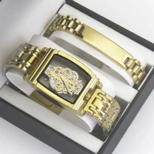Men Watch Bracelet Set Quartz Movement Alloy Square Hollow Dial Luxury Style Stainless Steel Bracelet New