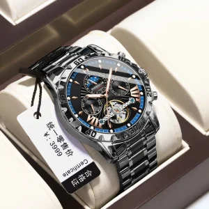 Men’s 1410 Mechanical Wrist Watch with Tourbillon Automatic Movement Moon Phase Stainless Steel Belt