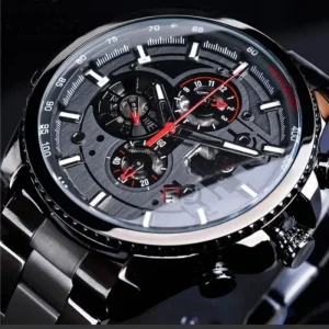 Men’s 316L Stainless Steel Sport Wrist Watch Automatic Three Dial Calendar Display Diver Black