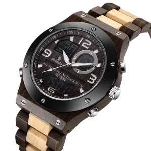 Men’s 3ATM Waterproof Sport Watch Alarm Luminous LED Auto Date Wooden Band 42mm Dial Stop Watch