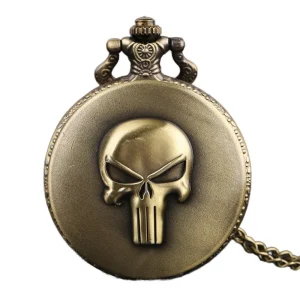 Men’s 3D Metal Punisher Skull Emblem Necklace Bronze Analog Steampunk Quartz Pocket Watch with Chain Antique Style Clock Pendant