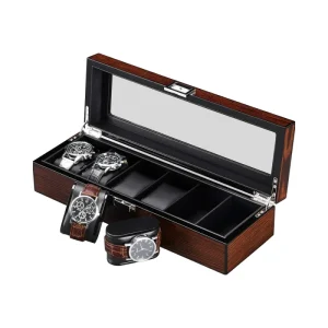 Men’s 6-Slot Wood Watch Box Real Glass Top and Smooth Faux Leather Interior Brown Watch Organizer for Jewelry Storage
