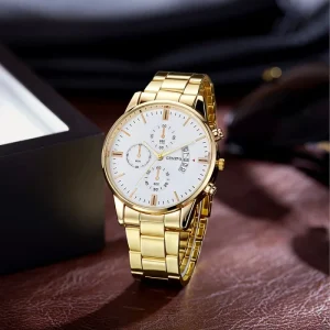 Men’s Alloy Case Steel Band Quartz Watch, Business Casual, Calendar, Pointer Dial