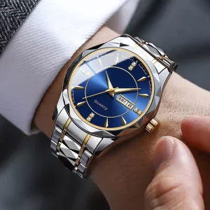 Men’s Alloy Quartz Watch 43mm Round Case 10mm Thickness Pointer Dial Luminous Week Display Mineral Glass Business Use