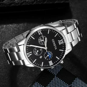 Men’s Alloy-band Eco-Friendly 40.5mm Quartz Watch Sophisticated Business-style Faux Three-eye Dial Roman Numeral