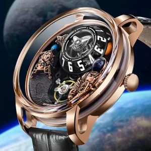 Men’s Analog Astronaut Moon Watch Sapphire Crystal Unique Hollow Design 22mm Stainless Steel Mechanical Metal
