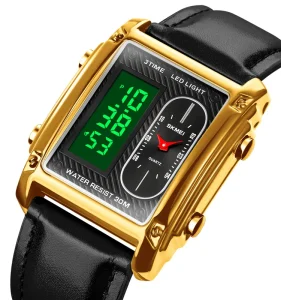 Men’s Analog Digital Watch Rectangle LED Lights Wristwatch with 3 Time Display Alarm Sports Style