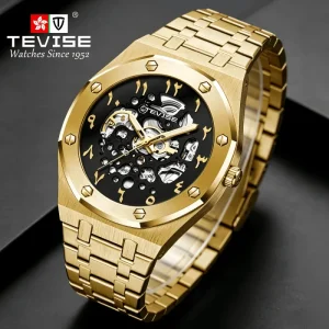 Men’s Arabic Dial Watch Stainless Steel Strap Waterproof Automatic Mechanical Watch