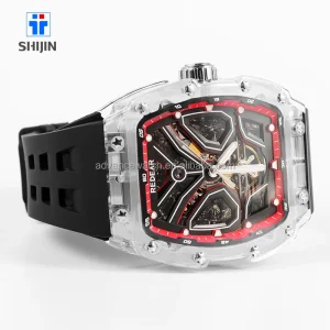 Mens Automatic 3ATM Mechanical Watch White Gold Case Glass Dial Skeleton Luxury Custom Silicone Band
