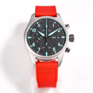 Men’s Automatic Chronograph Watch with Red Dial Date Function Stainless Steel Bracelet Waterproof Wristwatch