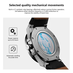 Men’s Automatic Luxury Rectangle Watch, Blue Luminous Markers, Stainless Steel Case, 50M Waterproof