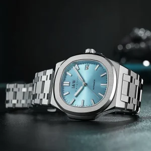 Men’s Automatic Luxury Watch Ice Blue Sapphire Crystal Dial Stainless Steel Band Push Button Clasp 30bar Water Resistant
