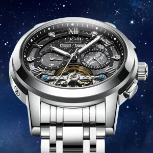 Men’s Automatic Mechanical Chronograph Watch Tri-Compax Dial Luminous Hands Date Display Waterproof Metal Strap