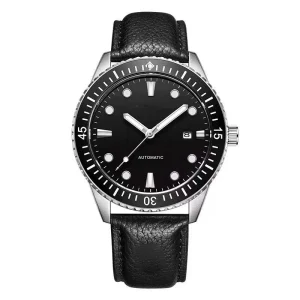 Men’s Automatic Mechanical Diving Watch Stainless Steel Ceramic Bezel Luminous Leather Band Calendar Feature Included