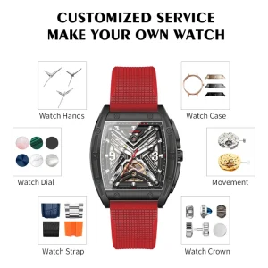 Men’s Automatic Mechanical Skeleton Watch Black Self-Winding Rubber Band Analog Tonneau Case Chronograph