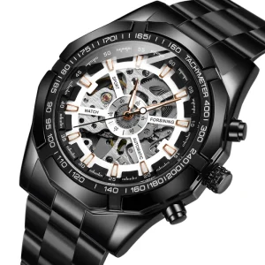 Men’s Automatic Mechanical Skeleton Watch Stainless Steel 24mm Band Pointer Dial Tourbillon