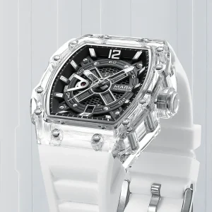 Men’s Automatic Mechanical Skeleton Watch Transparent Design Acrylic Case 43mm Rubber Strap Waterproof Luminous