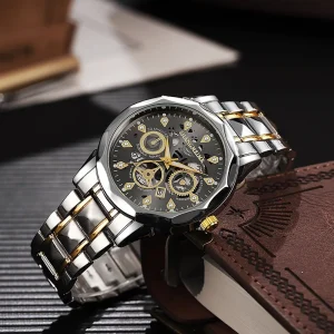 Men’s Automatic Mechanical Stainless Steel Skeleton Watch Pointer Dial 20mm Band Luminous Waterproof Business Chronograph