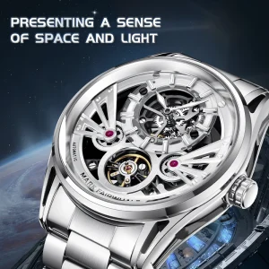 Men’s Automatic Mechanical Watch 44MM Metal Case Bracelet Double Sided Hollow Skeleton Waterproof Luminous