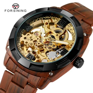 Men’s Automatic Mechanical Watch Analog Dial Luminous Stainless Steel Band Wood Color