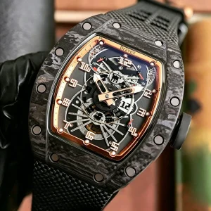 Men’s Automatic Mechanical Watch Carbon Fiber Open Worked Rose Gold Large Date Display Sporty Men’s Watch