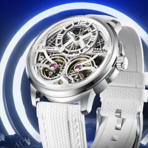 Men’s Automatic Mechanical Watch Dual Tourbillon Stainless Steel Skeleton Dial Waterproof Luminous Avant Garde