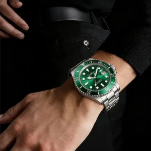 Mens Automatic Mechanical Watch, Green Luminous, Stainless Steel Case, Silver Band, Green Dial