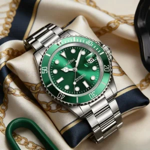 Mens Automatic Mechanical Watch Guihua Classic Green Luminous Stainless Steel Case Silver Metal Strap