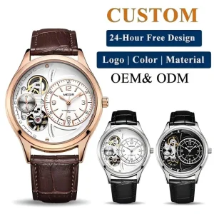 Men’s Automatic Mechanical Watch Open Heart Skeleton Dial Genuine Leather Strap Waterproof Luminous Business Wristwatch