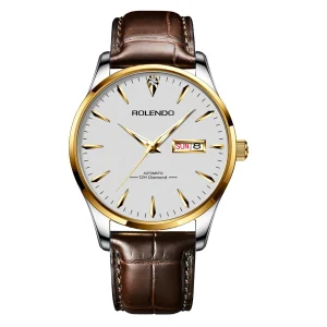 Men’s Automatic Mechanical Watch Stainless Steel Case Genuine Leather Band Sapphire Crystal Pointer 5BAR Water Resistance