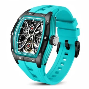 Men’s Automatic Mechanical Watch Tonneau Case Skeleton Dial Waterproof Luminous Silicone Strap Sports Fashion Wristwatch
