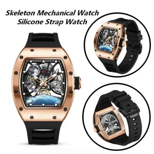 Men’s Automatic Mechanical Watch Tonneau Case Space Skeleton Dial Waterproof Luminous Silicone Strap Sports Wristwatch
