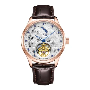 Men’s Automatic Skeleton Balance Wheel Mechanical Watch Stainless Steel 44MM Dial Push Button Hidden Clasp Simple