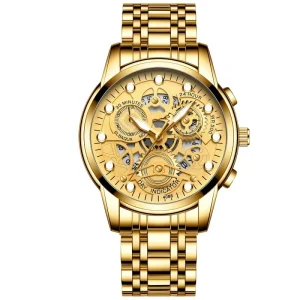 Men’s Automatic Skeleton Calendar Quartz Watch Luxury Waterproof Stainless Steel Luminous Hands Wristwatch