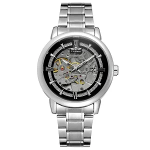 Men’s Automatic Skeleton Watch Vintage Carved Open-Work Dial Transparent Movement Stainless Steel Band Luxury Mechanical Watch