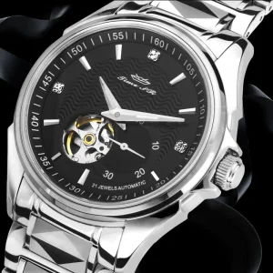 Men’s Automatic Stainless Steel Watch, 42mm Sapphire Crystal Dial, 22mm Band, Push Button Hidden Clasp, Chronograph