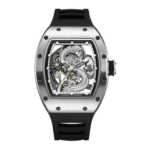 Men’s Automatic Tonneau Mechanical Wristwatch, 3Bar, Luminous Dragon Dial, Silicone Strap